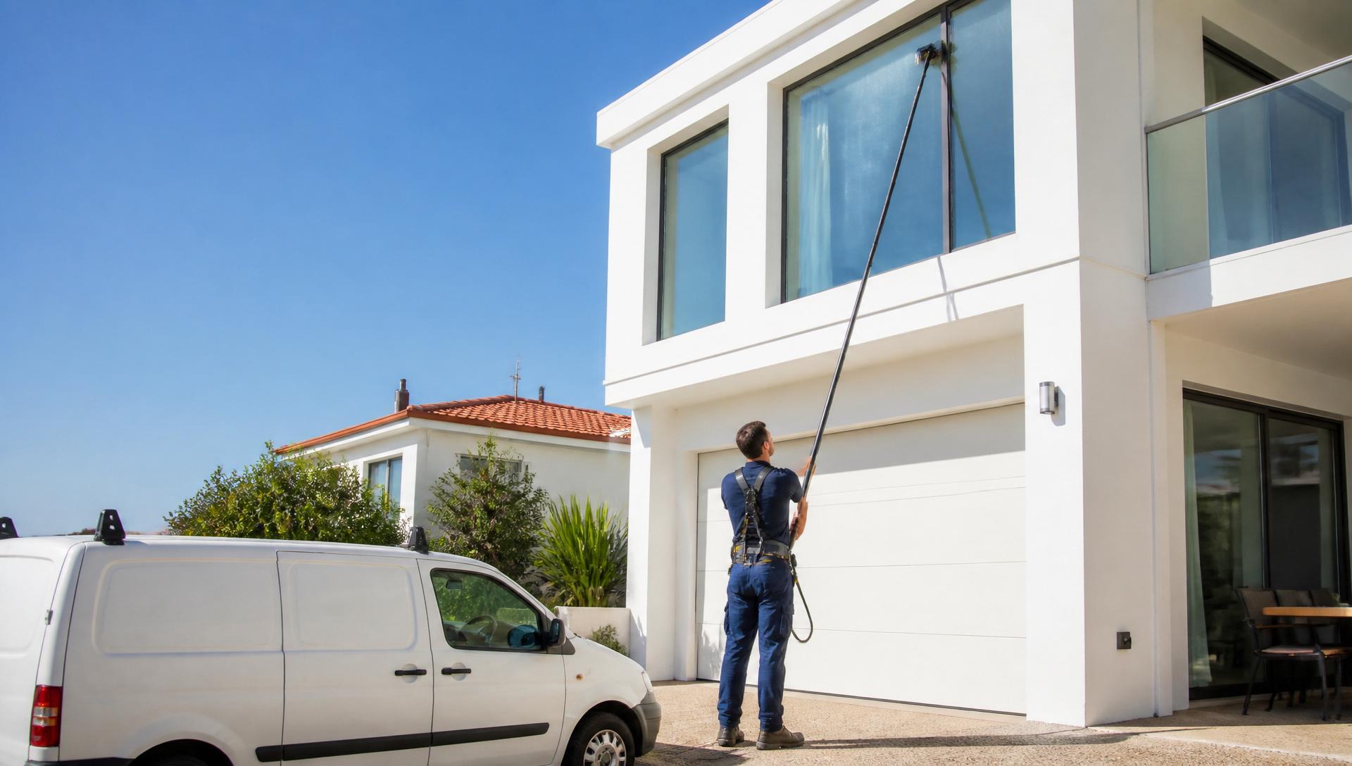 Professional window cleaner working on a modern two-storey Perth home