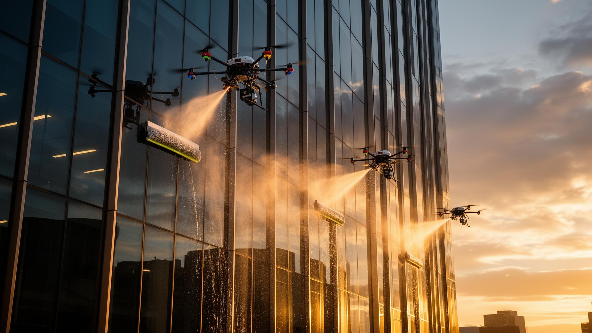 Drone window cleaners on a Perth commercial high-rise at golden hour